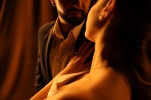 Sensual couple building deeper intimacy in a romantic setting