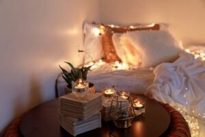 Romantic and sensual date night setup at home with cozy lighting